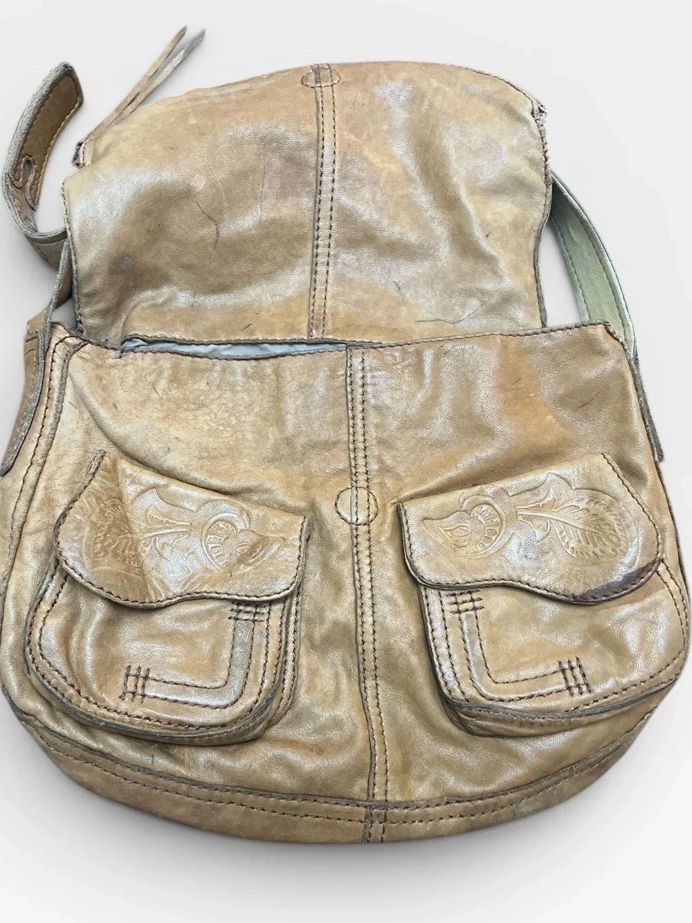 Lucky Brand Ramblin Rose Lambskin Boho Hobo Bag Tan Tooled Y2K